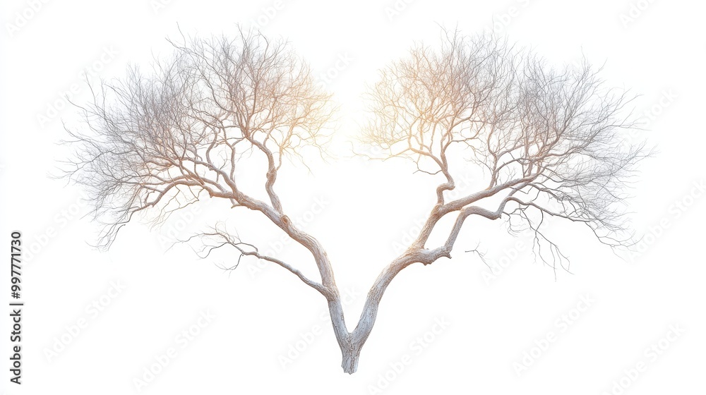 Fototapeta premium Heart-shaped branch structure of a leafless tree, with glowing white accents, isolated on a bright white background, vector art, smooth lines, minimalism