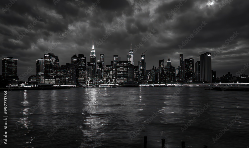Black and white panoramic view of New York City skyline at night. Urban and architecture concept. Black and white panoramic view of New York City skyline at night. Urban and architecture concept.