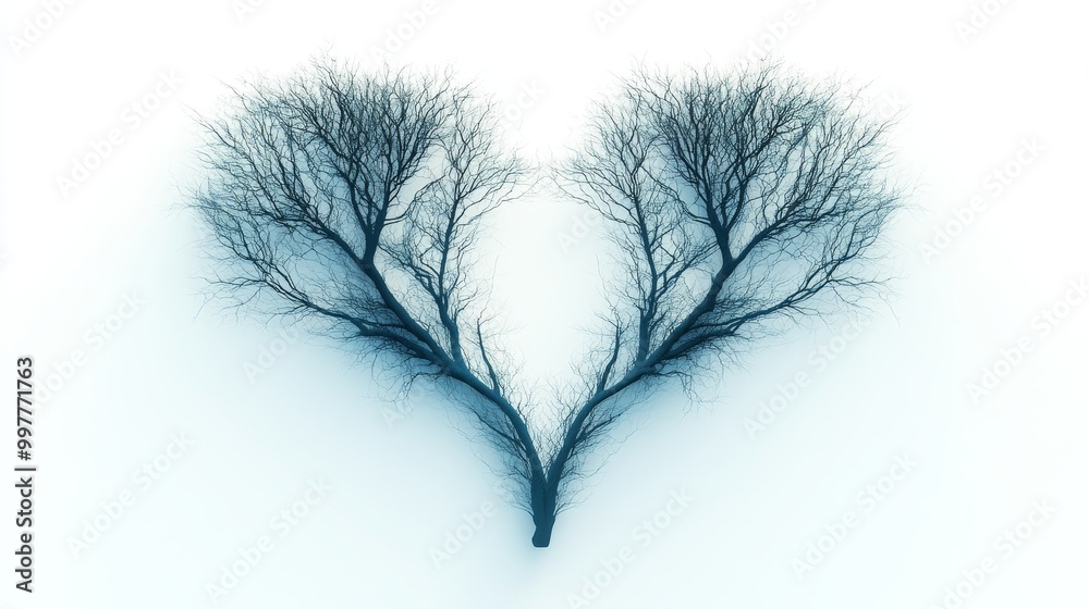 Fototapeta premium Heart-shaped branch structure of a leafless tree, with glowing white accents, isolated on a bright white background, vector art, smooth lines, minimalism