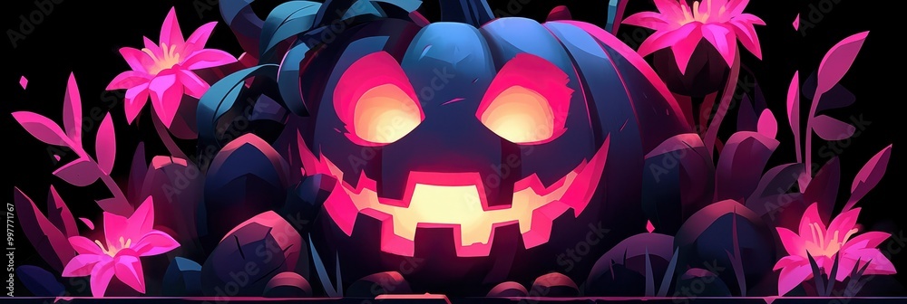 Obraz premium Spooky Halloween Pumpkin with Glowing Eyes and Grin in a Forest of Pink Flowers