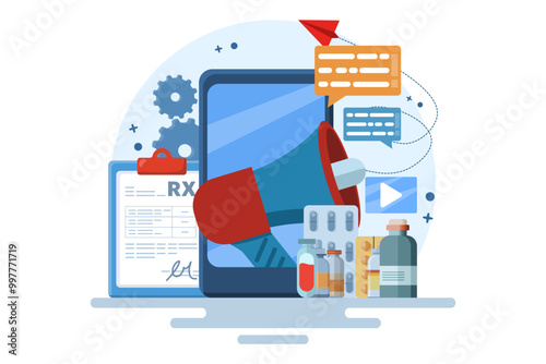 Pharmacy Marketing Concept. Pharmacy representative with computer and medicines. Advertising of medicines, healthcare industry. Flat vector illustration for web banners, infographics.