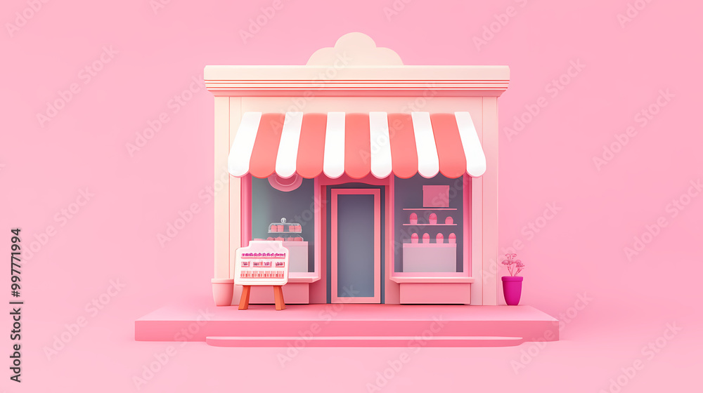 Small building with storefront on pink platform. Fantasy Marketplace. Illustration Small building with storefront on pink platform. Fantasy Marketplace. Illustration