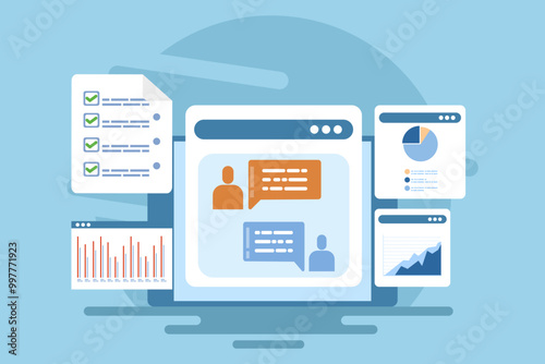 Project management software concept, Team management, Project planning, Team collaboration software that manages business teams, task management to organize project tasks, flat vector illustration.