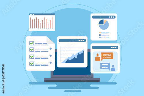 Project management software concept, Team management, Project planning, Team collaboration software that manages business teams, task management to organize project tasks, flat vector illustration.