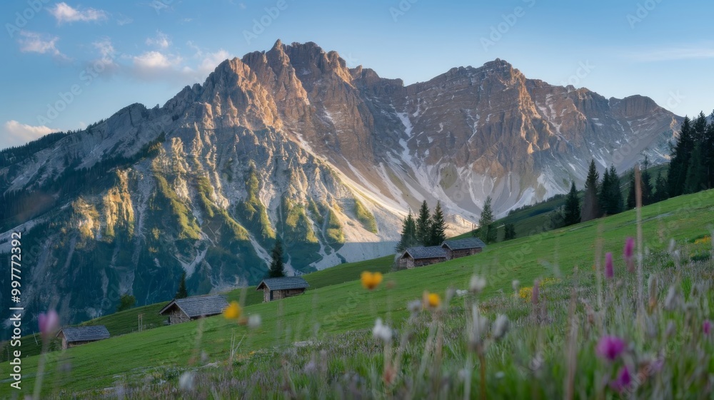 High Tatras mountain range towering over a serene green meadow, dotted with beautiful wildflowers High Tatras mountain range towering over a serene green meadow, dotted with beautiful wildflowers
