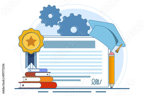Concept of vocational specialist and diploma graduates with graduation caps. Vocational education, trade school, professional learning, online vocational education concept. Flat vector illustration.