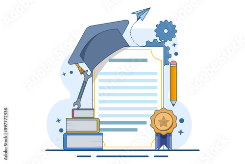 Concept of vocational specialist and diploma graduates with graduation caps. Vocational education, trade school, professional learning, online vocational education concept. Flat vector illustration.