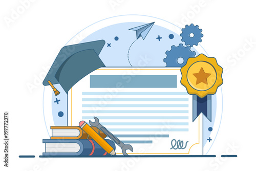 Concept of vocational specialist and diploma graduates with graduation caps. Vocational education, trade school, professional learning, online vocational education concept. Flat vector illustration.