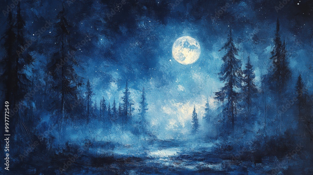 Naklejka premium Enchanted Forest Under Moonlight Night Sky