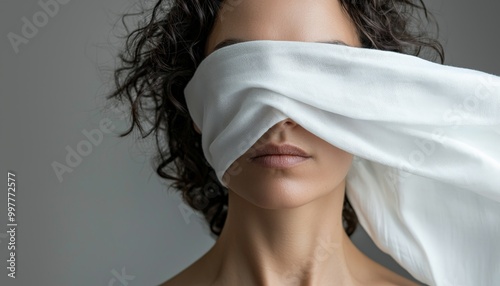 portrait of a woman with a white textile covering her eyes - concept of fake news and desinformation photo