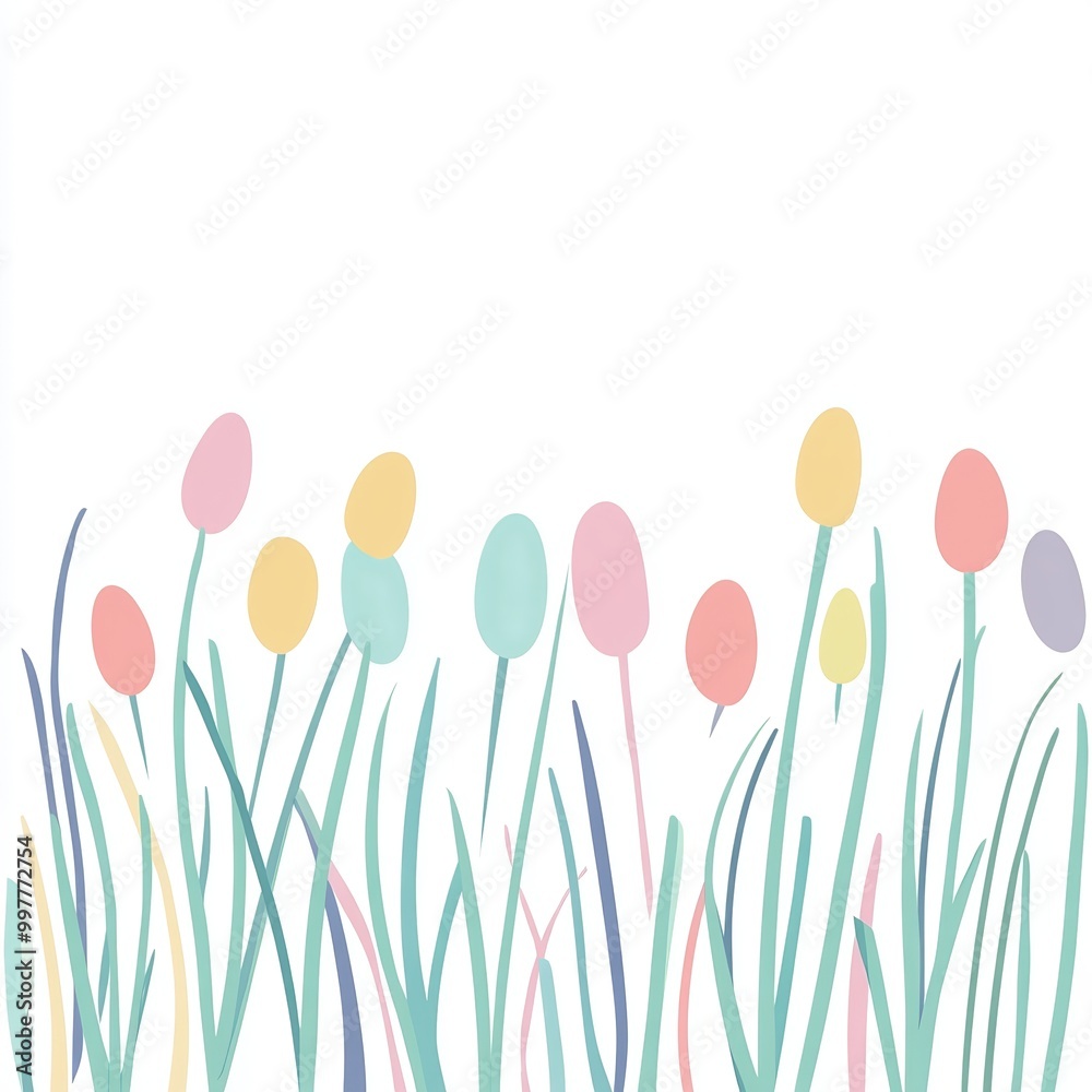 Delicate pastel colored Easter grass with seasonal eggs depicted in a minimalistic line drawing style on a clean white background, perfect for spring themes Delicate pastel colored Easter grass with seasonal eggs depicted in a minimalistic line drawing style on a clean white background, perfect for spring themes