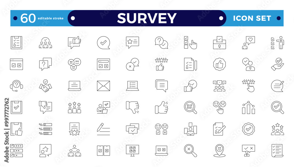 Survey icon set. Containing feedback, opinions, questionnaires, polls, research, data collection, review, and satisfaction icons. Editable stroke outline icon.
Survey icon set. Containing feedback, opinions, questionnaires, polls, research, data collection, review, and satisfaction icons. Editable stroke outline icon.