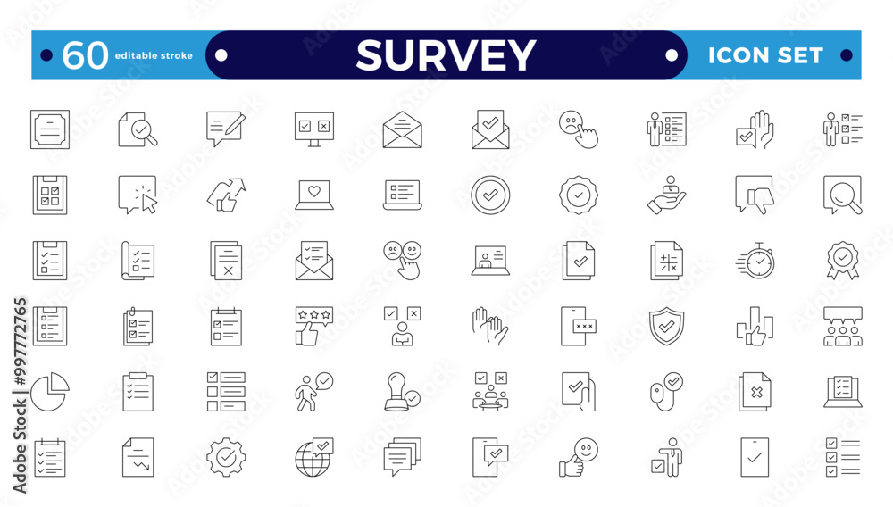 Survey icon set. Containing feedback, opinions, questionnaires, polls, research, data collection, review, and satisfaction icons. Editable stroke outline icon.
