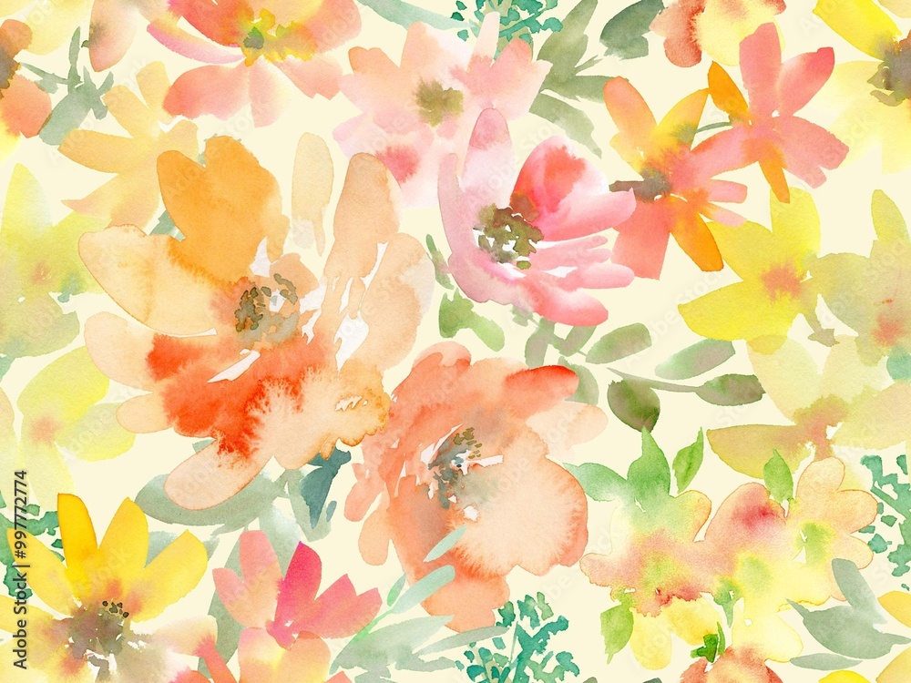 A seamless pattern of abstract flowers painted in watercolor. A textile design of watercolor flowers and plants. A botanical pattern for invitations, fabric, gift wrapping, and package design.