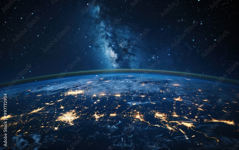 Obraz premium View of Earth from space with city lights and the Milky Way galaxy. Astronomy and science concept.