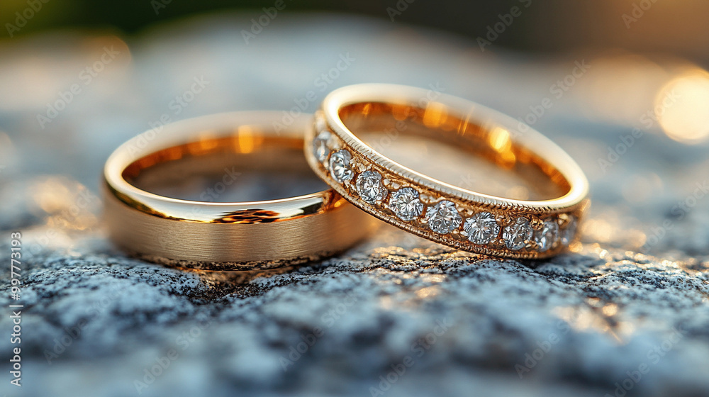 close-up shot of two gold wedding rings resting on textured fabric, symbolizing eternal love, commitment, and the sacred bond of marriage, highlighting the timeless significance of union close-up shot of two gold wedding rings resting on textured fabric, symbolizing eternal love, commitment, and the sacred bond of marriage, highlighting the timeless significance of union
