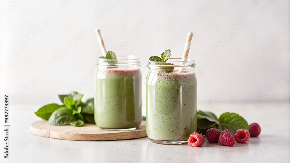 Two jars of green smoothies with raspberries and mint on a light background
