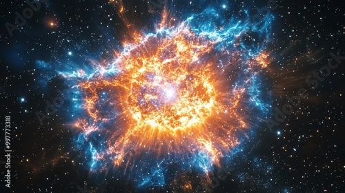 A celestial explosion with bright orange and blue hues, glowing in the darkness of space, surrounded by a scattering of stars.