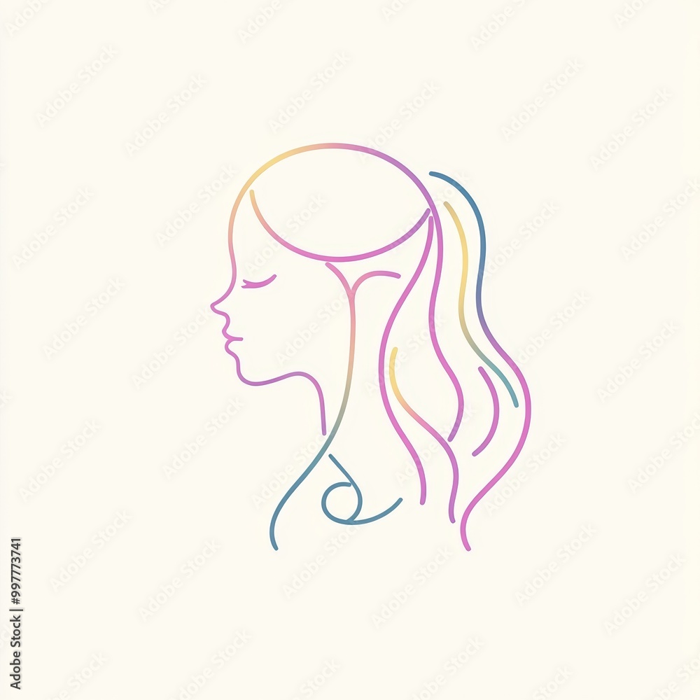 artwork features a simple line drawing of a woman's profile, elegantly showcasing feminist themes with pastel hues on a clean white background