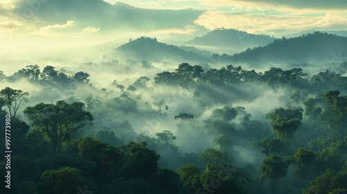 A dense morning jungle wrapped in soft layers of fog with towering trees fading into the distance