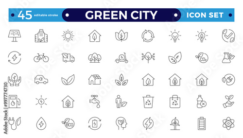 Green city Outline icons collection. UI icon set in a flat design. Includes Sustainability, Solar Panel, Recycling, Green City, vector illustration. Editable stroke outline icon.
