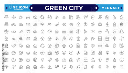 Green city Outline icons collection. UI icon set in a flat design. Includes Sustainability, Solar Panel, Recycling, Green City, vector illustration. Editable stroke outline icon.
