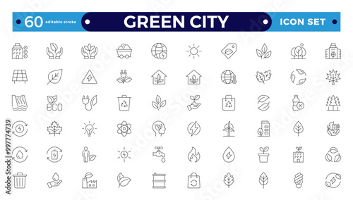 Green city Outline icons collection. UI icon set in a flat design. Includes Sustainability, Solar Panel, Recycling, Green City, vector illustration. Editable stroke outline icon.
