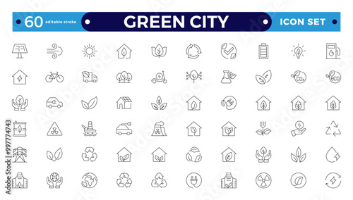 Green city Outline icons collection. UI icon set in a flat design. Includes Sustainability, Solar Panel, Recycling, Green City, vector illustration. Editable stroke outline icon.
