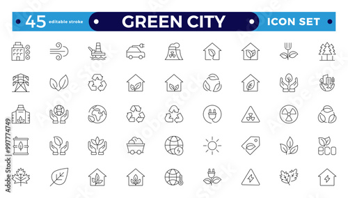 Green city Outline icons collection. UI icon set in a flat design. Includes Sustainability, Solar Panel, Recycling, Green City, vector illustration. Editable stroke outline icon.
