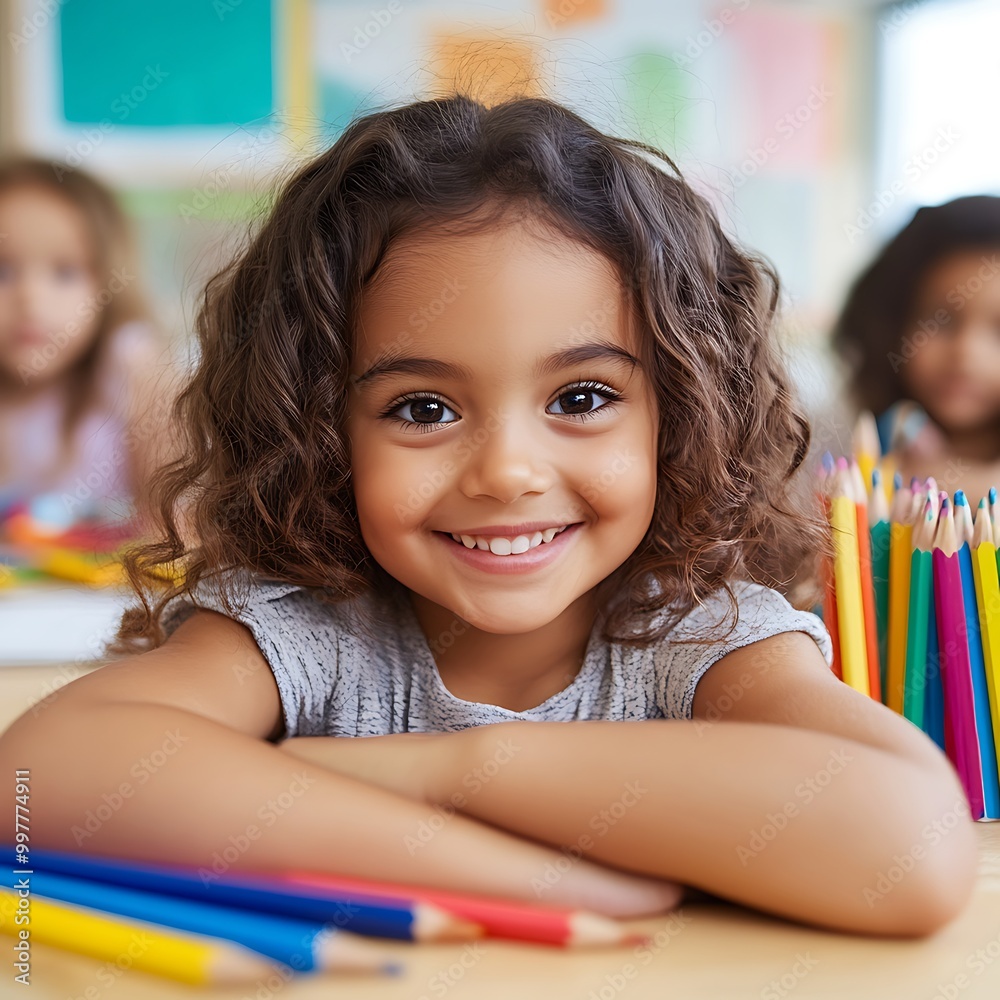 Happy Little Girl Smiling in a Classroom with Crayons. Happy Little Girl Smiling in a Classroom with Crayons.