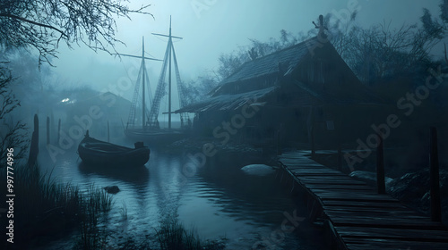 Wallpaper Mural Foggy River Scene with Boat and Sailing Vessels Torontodigital.ca