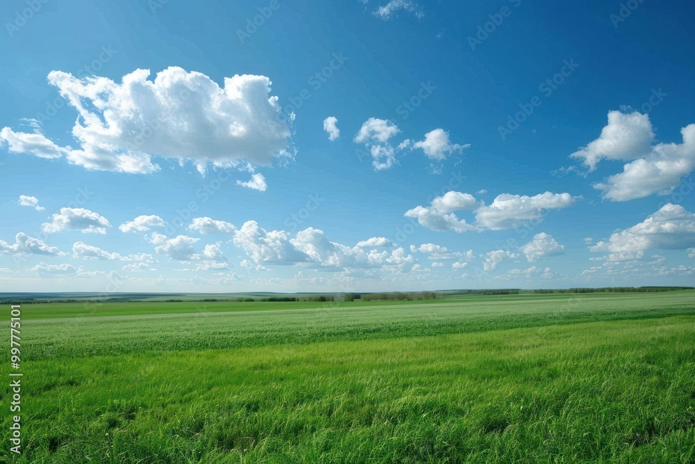 Vast green field under blue sky with white fluffy clouds. Scenic landscape photography of open field and nature. Vast green field under blue sky with white fluffy clouds. Scenic landscape photography of open field and nature.