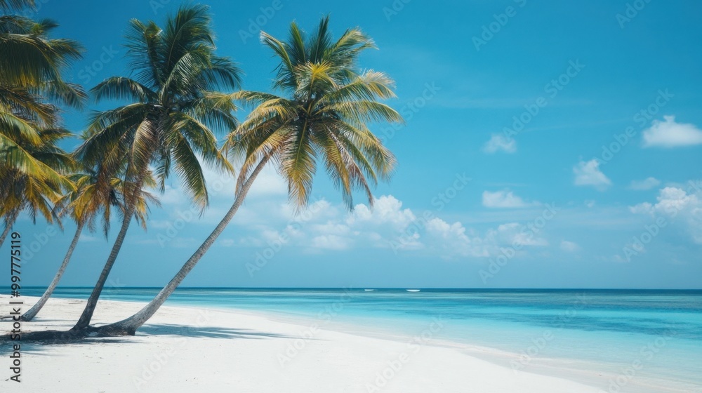 Fototapeta premium slender palm trees swaying gently in the breeze over a white sandy beach on a clear tropical day 