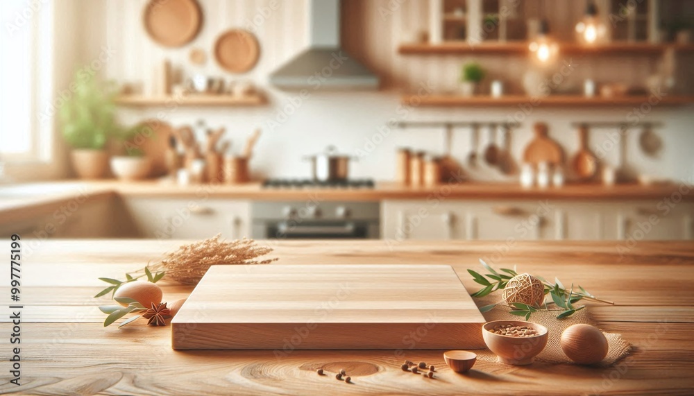 Empty wooden countertop on a kitchen blur background. Wood tabletop for product presentation. Empty wooden countertop on a kitchen blur background. Wood tabletop for product presentation.