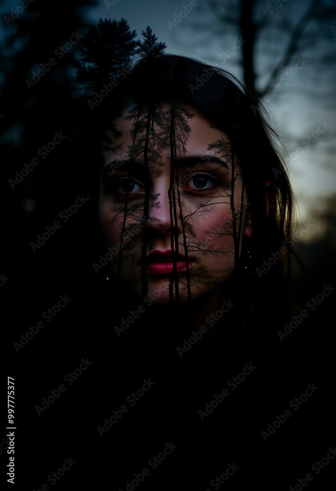A portrait of a woman in a double exposure with a forest silhouette. A portrait of a woman in a double exposure with a forest silhouette.