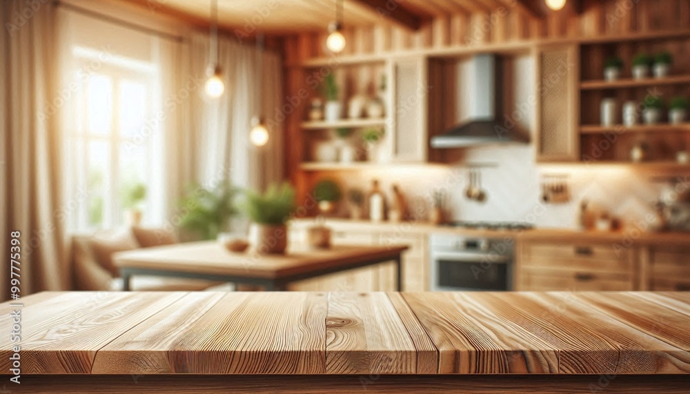 Empty wooden countertop on a kitchen blur background. Wood tabletop for product presentation. Empty wooden countertop on a kitchen blur background. Wood tabletop for product presentation.
