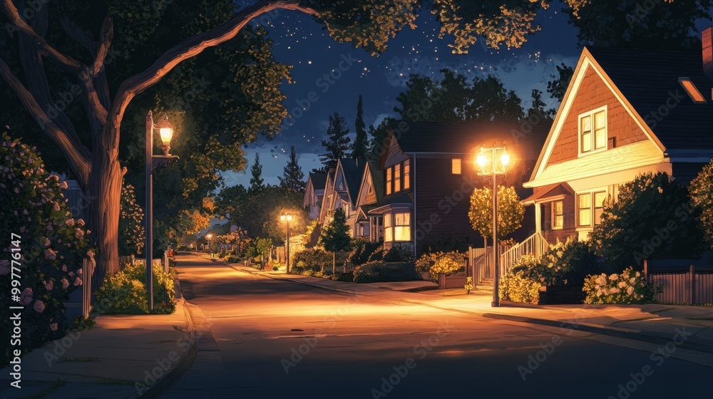 Fototapeta premium Nighttime scene of a quiet neighborhood street with houses softly illuminated by warm streetlights creating a peaceful atmosphere