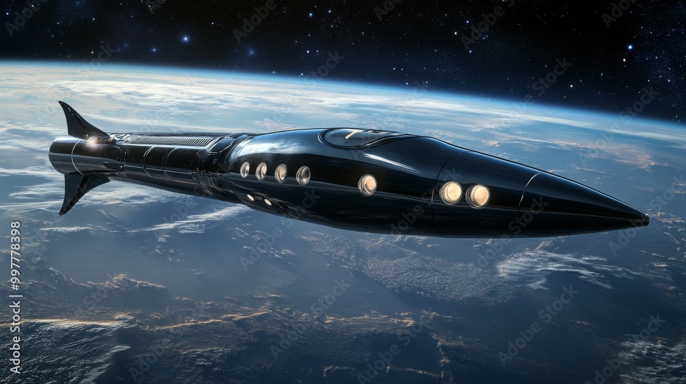 Obraz premium A sleek black spacecraft soars above the planet, illustrating cutting-edge technology and an innovative design
