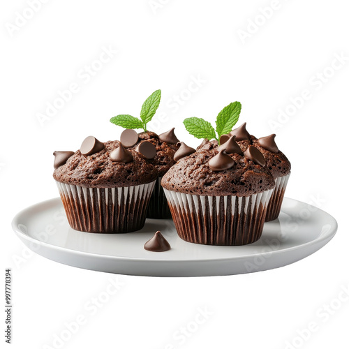 Chocolate muffins served on white plate, isolated to highlight classic and elegant presentation. cutout PNG