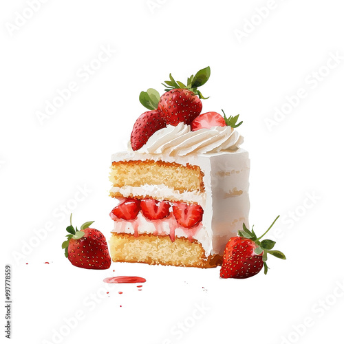 Watercolor illustration of strawberry cake isolated on a white background, offering a sophisticated touch. cutout PNG