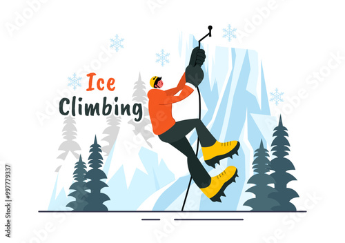 Ice Climbing Vector Illustration featuring a Climber Scaling an Ice Wall using Axes and Wearing Crampons with a Scenic Mountain backdrop Background