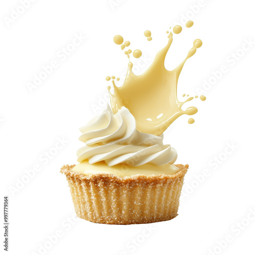 Custard pie with circular sauce splash swirl isolated on a white background, creating a dynamic and artistic effect. cutout PNG photo