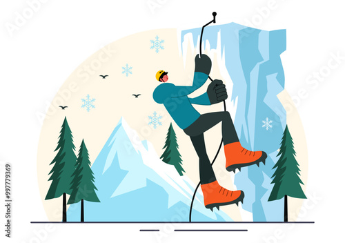 Ice Climbing Vector Illustration featuring a Climber Scaling an Ice Wall using Axes and Wearing Crampons with a Scenic Mountain backdrop Background