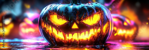 A glowing jack-o'-lantern with a menacing grin. photo