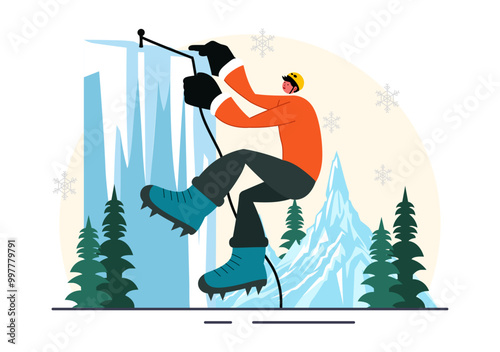 Ice Climbing Vector Illustration featuring a Climber Scaling an Ice Wall using Axes and Wearing Crampons with a Scenic Mountain backdrop Background
