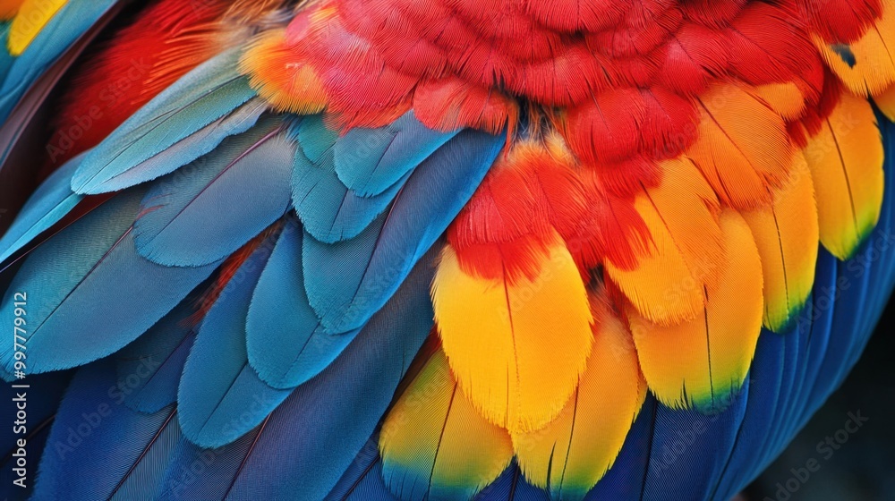 Obraz premium A close-up image of the vibrant plumage of a colorful bird, showcasing its intricate and radiant feathers