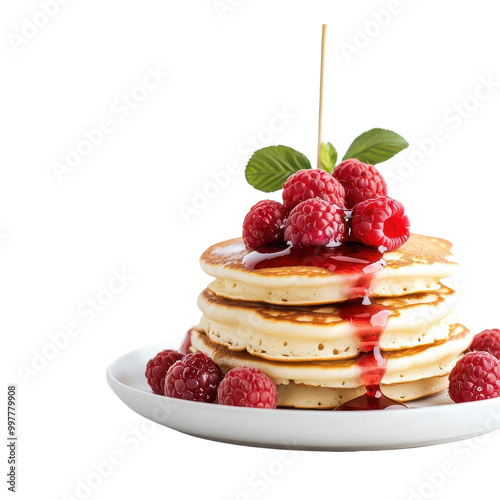 Raspberry pancakes with oozing sauce isolated on a white background, emphasizing their rich and fruity qualities. cutout PNG