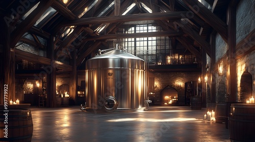 Shiny stainless steel wine fermentation tank, contrasted against aged wooden beams, soft shadows and warm candlelight, Steampunk, Illustration photo