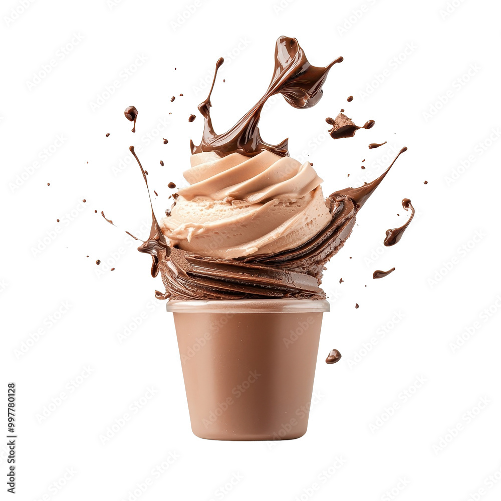 Fototapeta premium Chocolate mousse flying and isolated on a white background, adding a playful and dynamic touch. cutout PNG