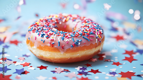 A donut with white frosting and colorful sprinkles on a blue background surrounded by stars.